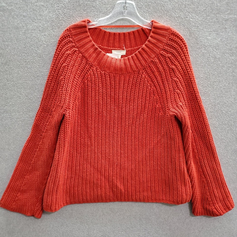 Cupio Women Sweater Large Red Ribbed Hem Chunky Knit Flared Long Sleeve Pullover